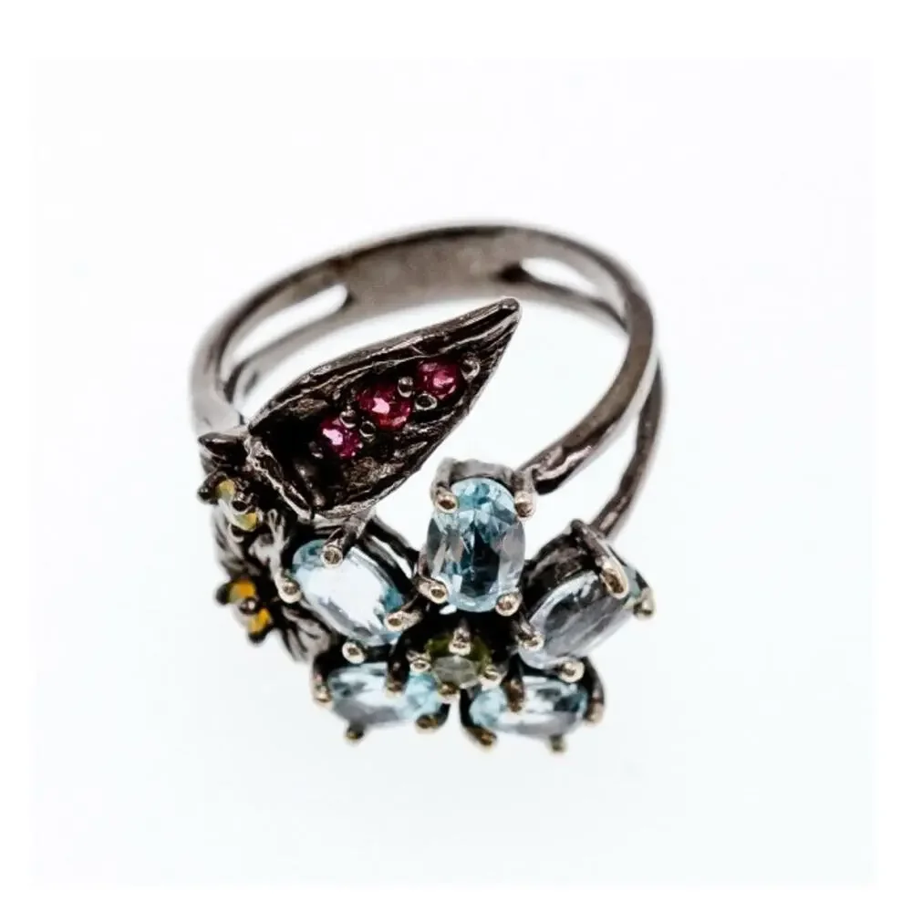 925 Blackened Silver Topaz, Garnet, Peridot & Opal Ring Size 8